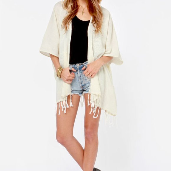 Billabong Tops - Billabong Boho Cream Embroidered Fringe Kimono